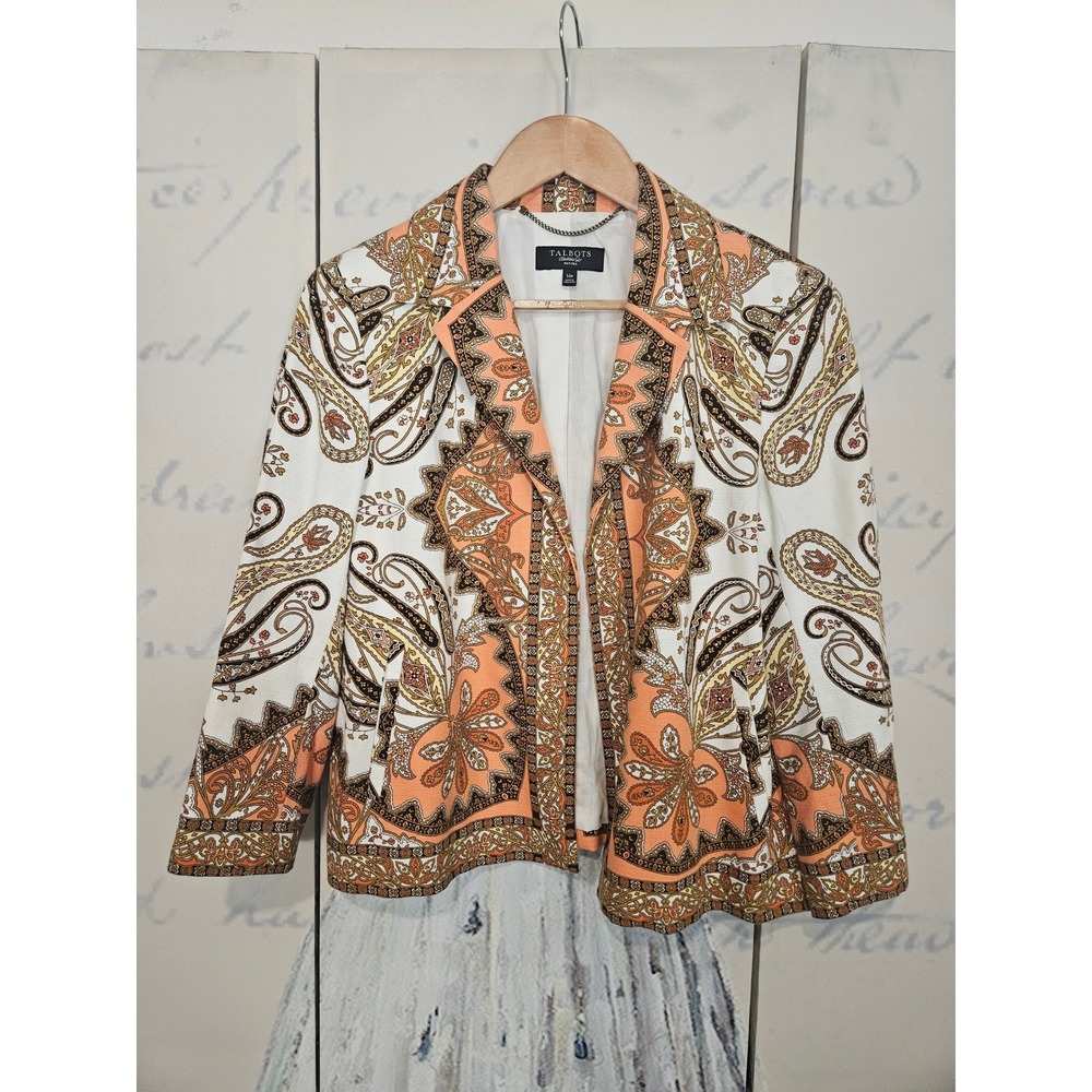 Talbots Womens Orange Paisley Medallion Cotton Blazer Jacket Petites 14P